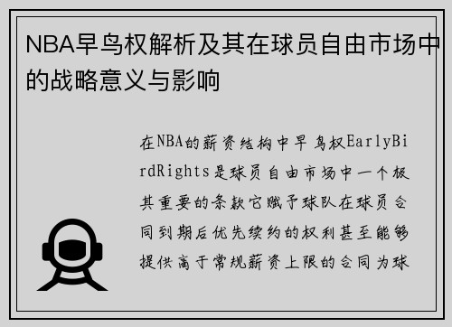 NBA早鸟权解析及其在球员自由市场中的战略意义与影响