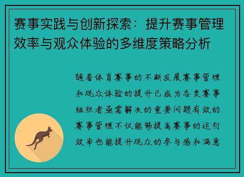 赛事实践与创新探索：提升赛事管理效率与观众体验的多维度策略分析